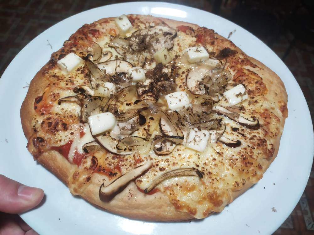 Pizza con base de salsa de setas de temporada, quesos de cabra aragoneses y trufa rallada.